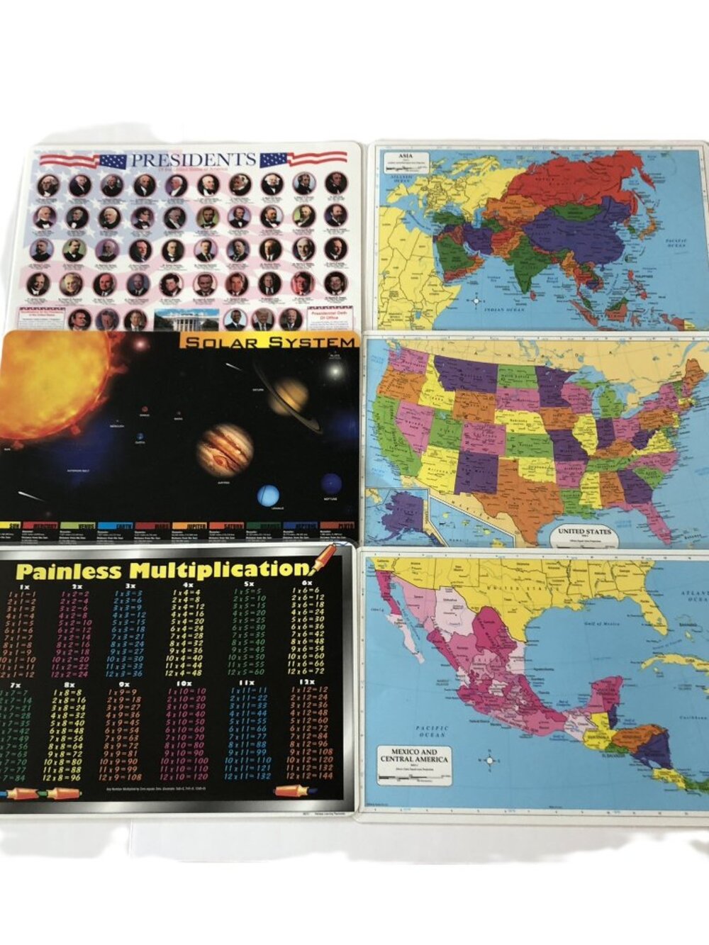 Painless Learning Placemats Maps Presidents Solar System Multiplications Lot 6